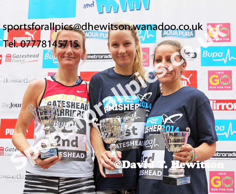 From left to right: 2nd Michelle Nolan, winner Danielle Hodgkinson and 3rd Claire Simpson in the BUPA Great North 5k. Photo: David T. Hewitson/Sports for All Pics